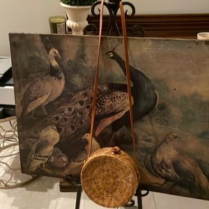 Current fashion grass Purse - 8” circle 23” leather strap.